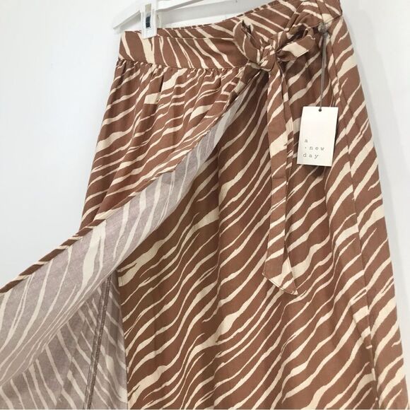 A New Day Khaki Cream Zebra Stripe Linen Blend Midi Wrap Skirt NEW - Picture 6 of 16